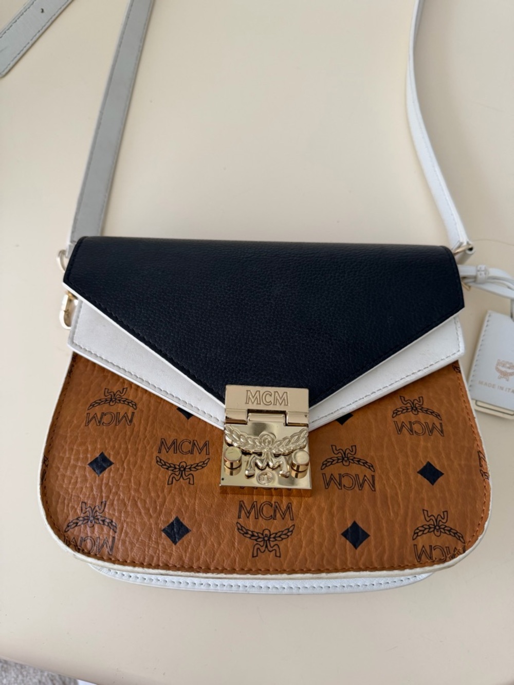 MCM Tri-Color Visetos Leather Crossbody in Cognac, Black & White